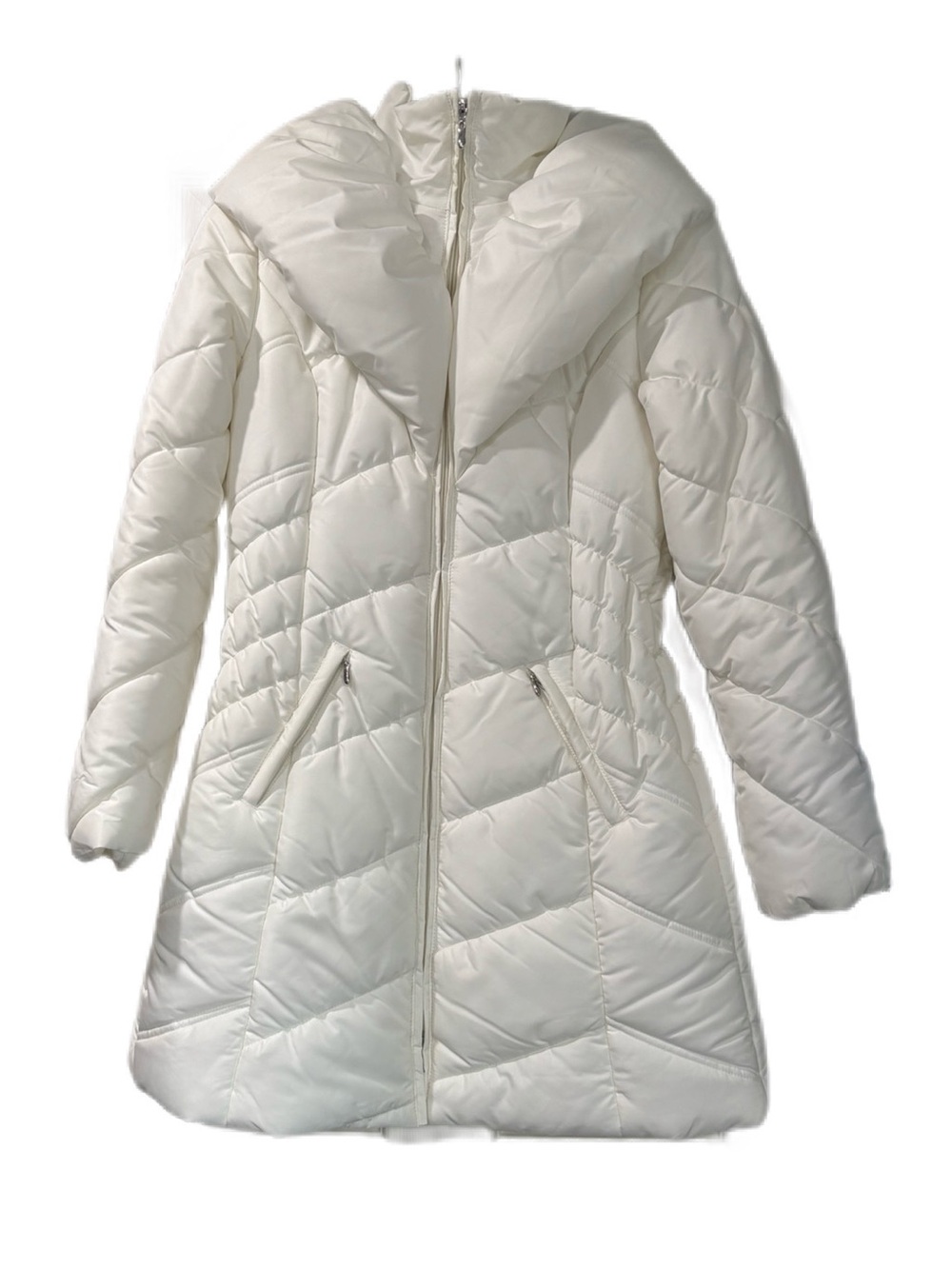 Weather Tamer Women's Ivory Chevron Puffer Coat Mid-Length Pillow Collar White S